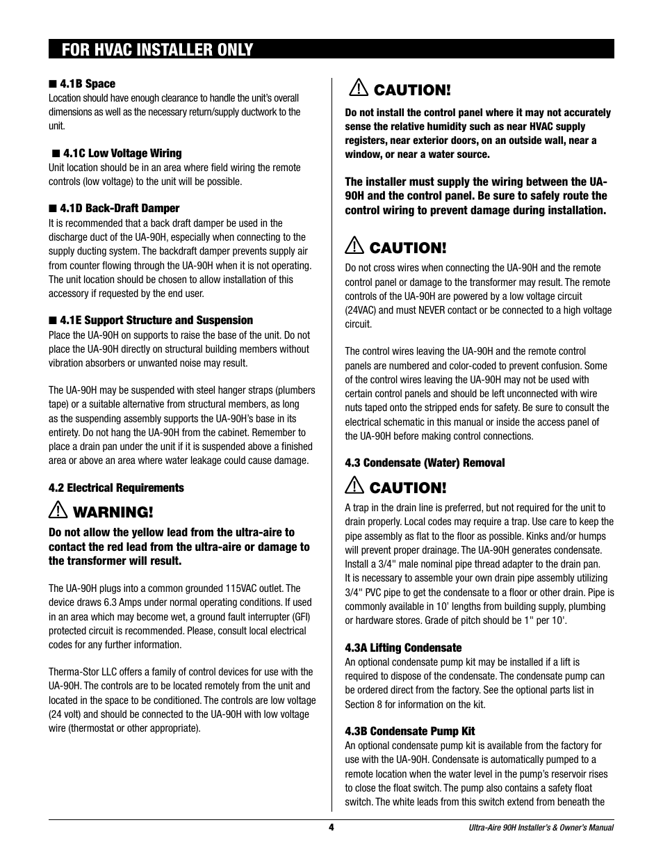 For hvac installer only, Warning, Caution | Therma-Stor Products Group 90H User Manual | Page 4 / 21