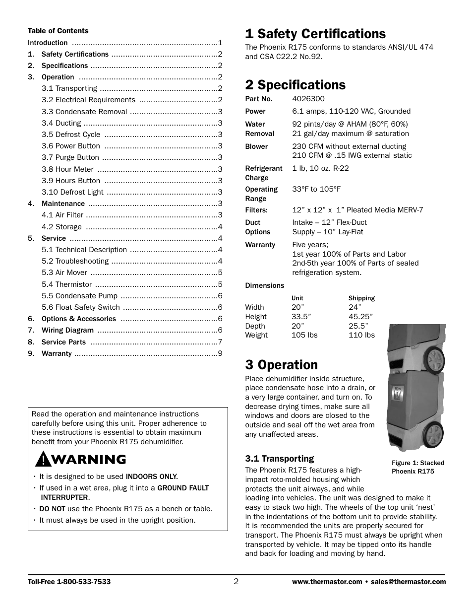 1 safety certifications, 2 specifications, 3 operation | Therma-Stor Products Group R175 User Manual | Page 2 / 9