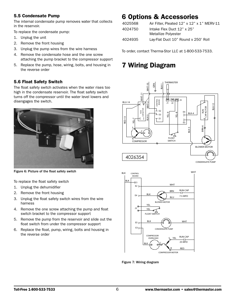 6 options & accessories, 7 wiring diagram, 5 condensate pump | 6 float safety switch | Therma-Stor Products Group R175 User Manual | Page 6 / 9