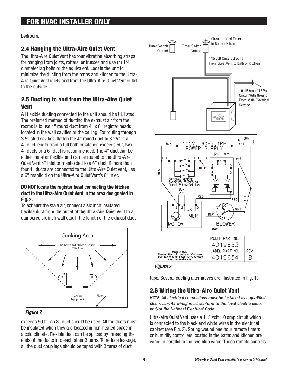 For hvac installer only, 4 hanging the ultra-aire quiet vent, 5 ducting to and from the ultra-aire quiet vent | 6 wiring the ultra-aire quiet vent, Cooking area | Therma-Stor Products Group Quiet-Vent Ventilation System User Manual | Page 4 / 8