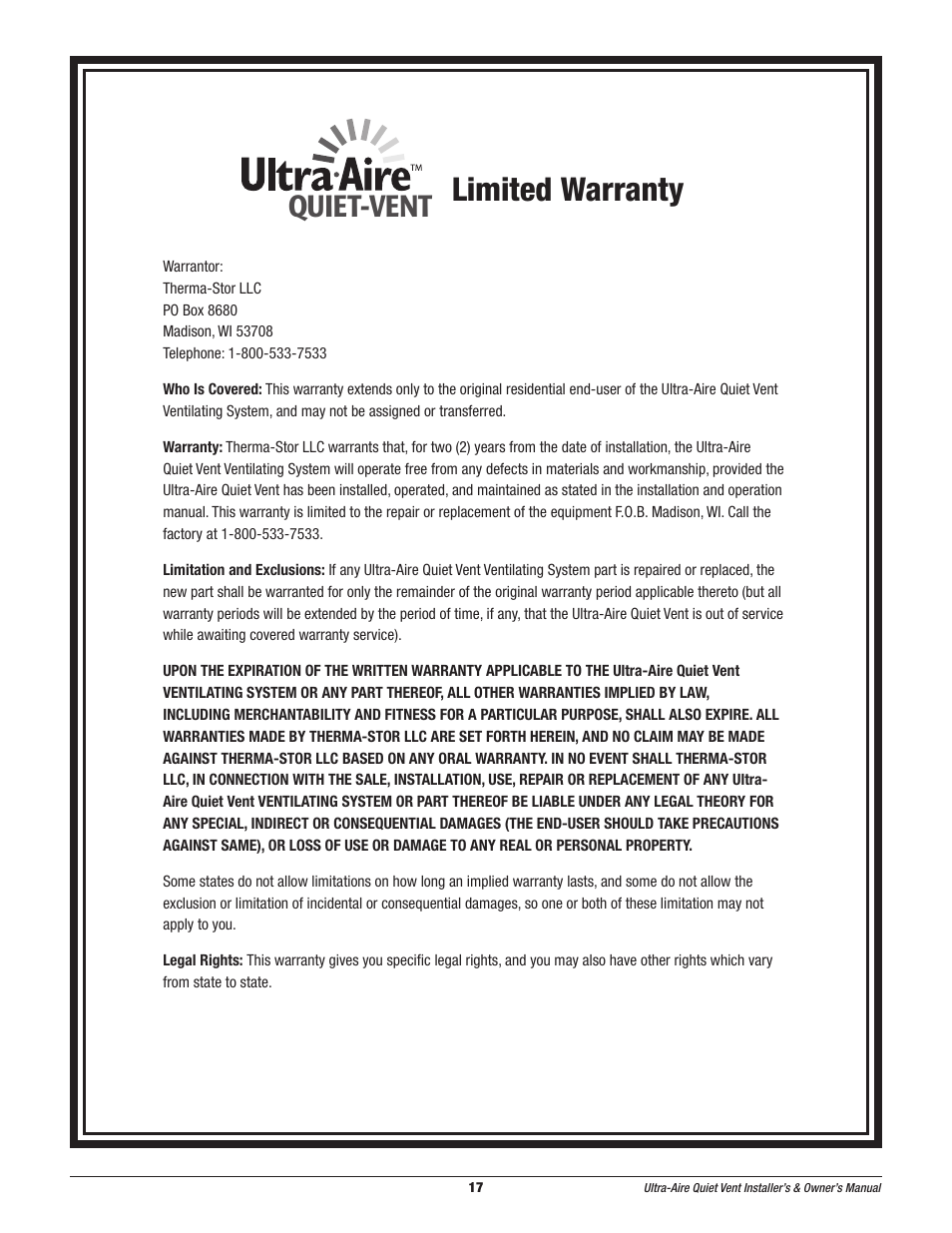Limited warranty, Quiet-vent | Therma-Stor Products Group Quiet-Vent Ventilation System User Manual | Page 7 / 8
