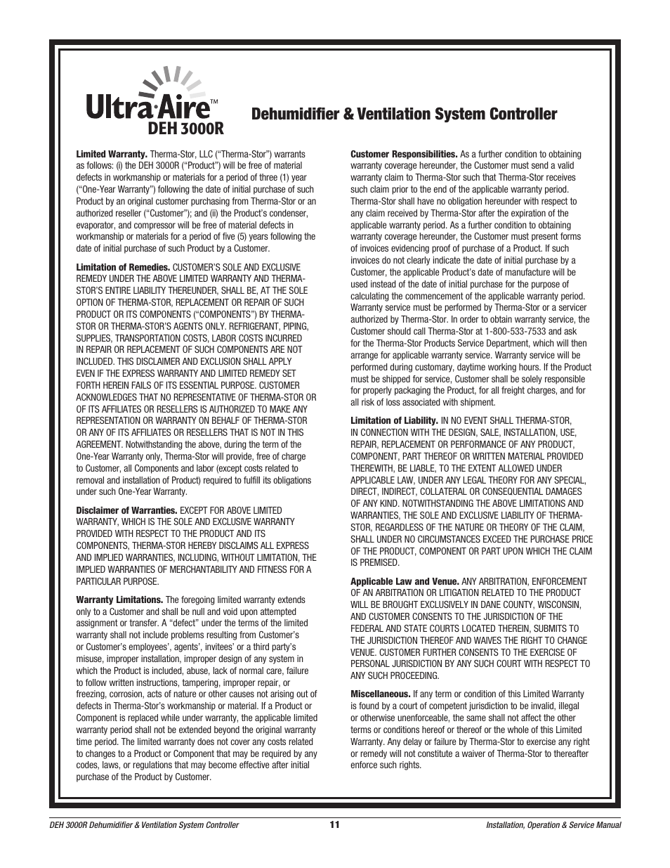 Dehumidifier & ventilation system controller | Therma-Stor Products Group Ultra-Aire DEH 3000R User Manual | Page 11 / 12