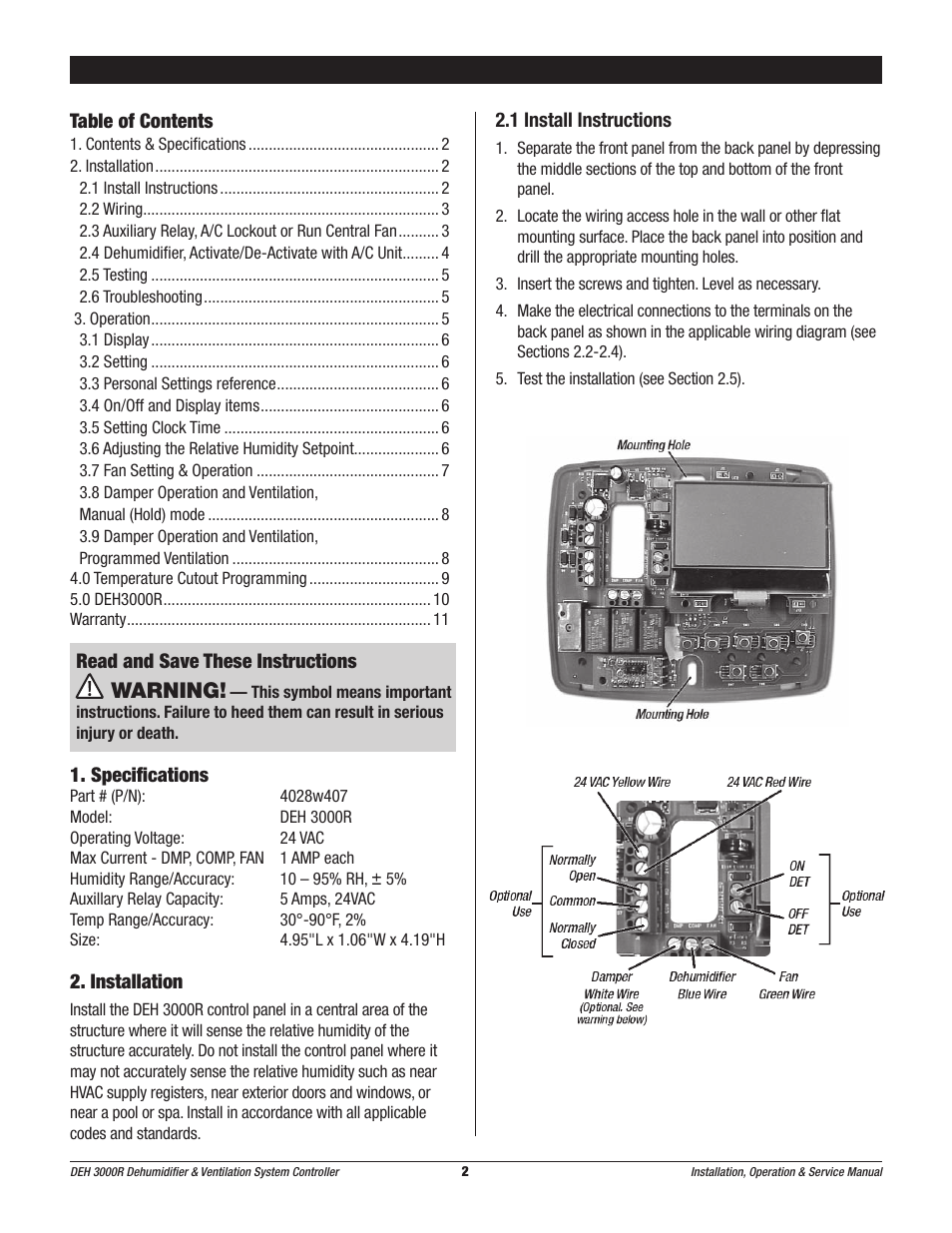 Warning | Therma-Stor Products Group Ultra-Aire DEH 3000R User Manual | Page 2 / 12