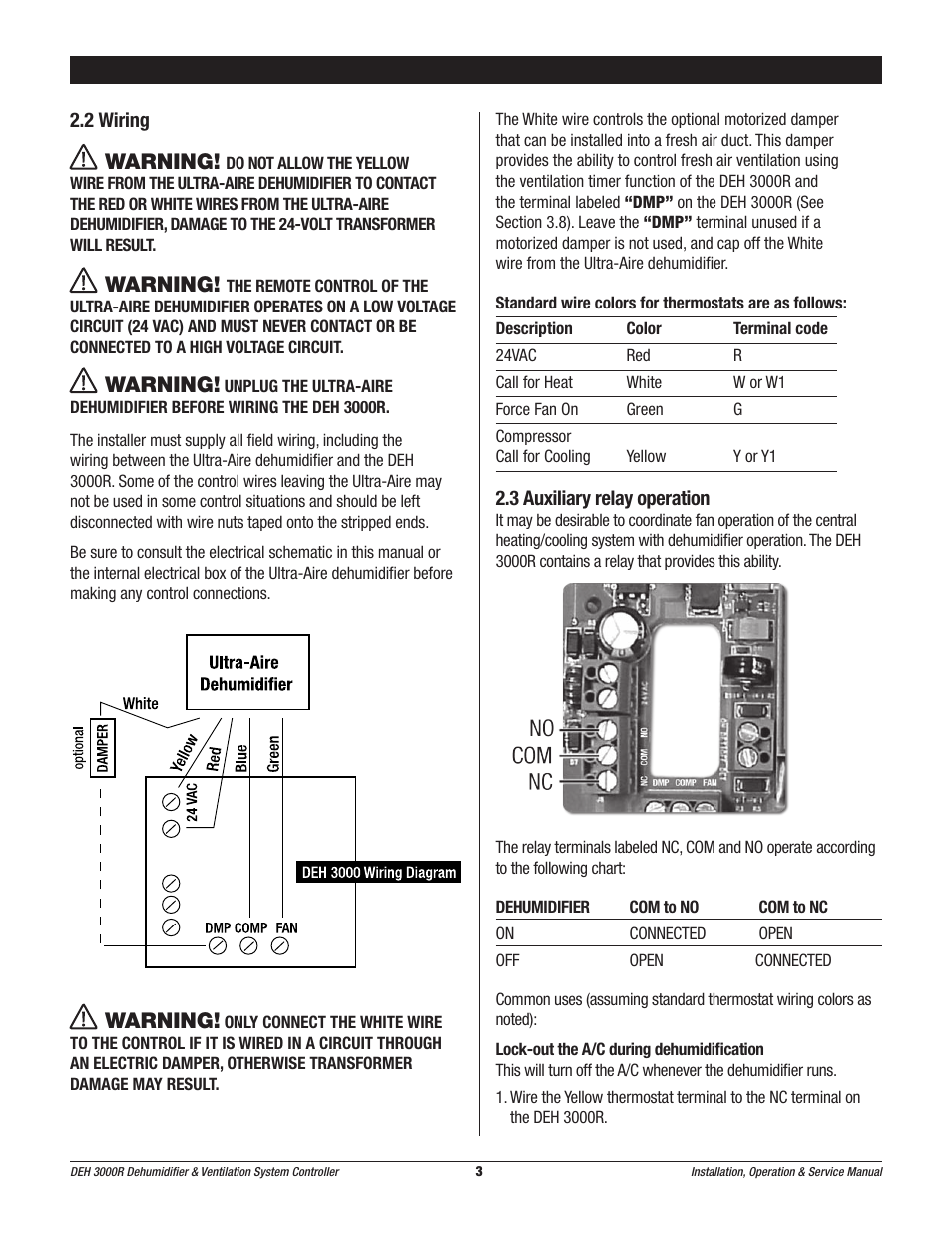 Warning | Therma-Stor Products Group Ultra-Aire DEH 3000R User Manual | Page 3 / 12