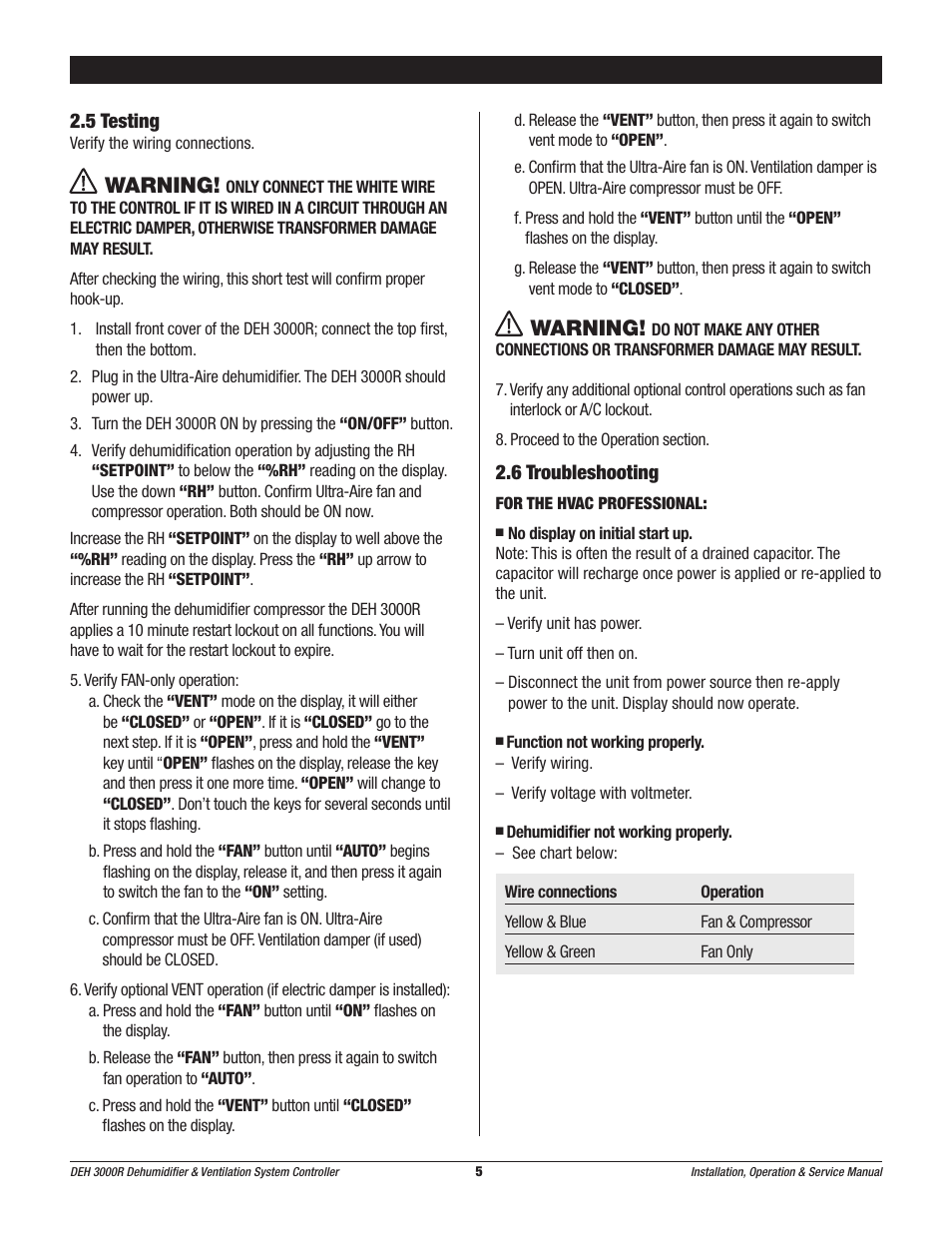 Warning | Therma-Stor Products Group Ultra-Aire DEH 3000R User Manual | Page 5 / 12