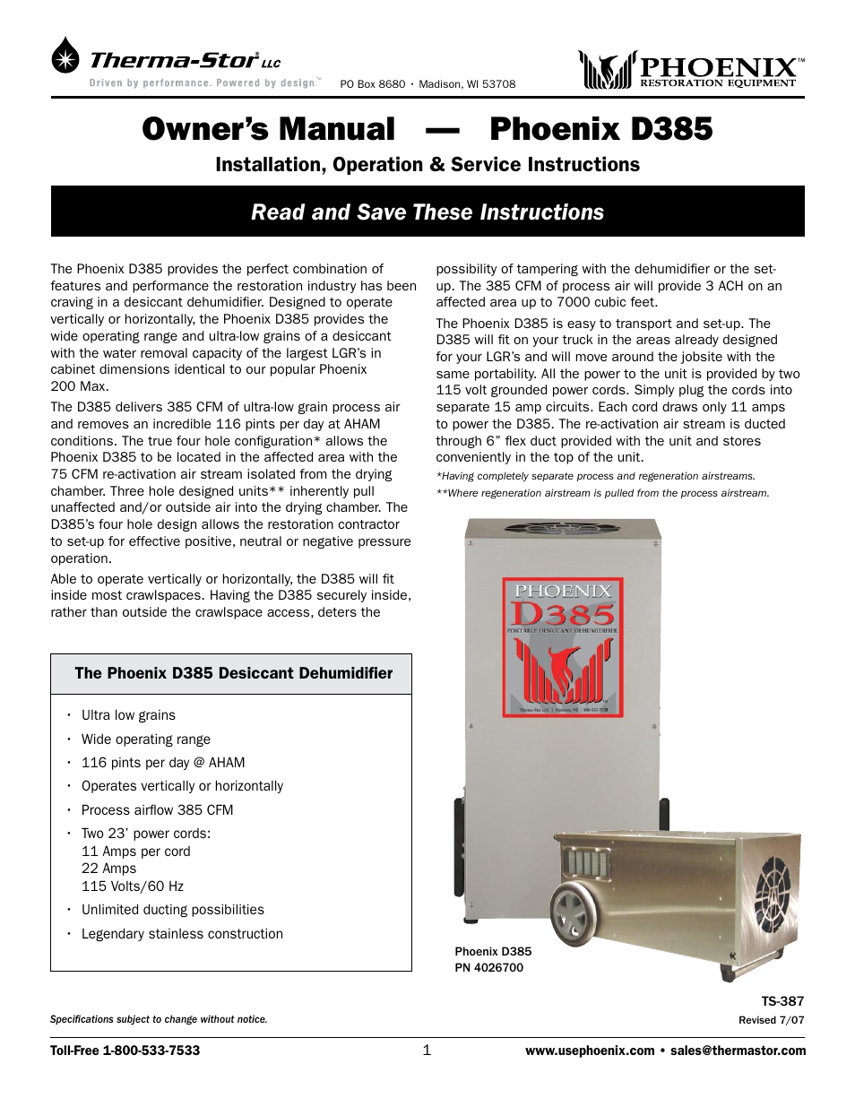 Therma-Stor Products Group PHOENIX D385 User Manual | 7 pages