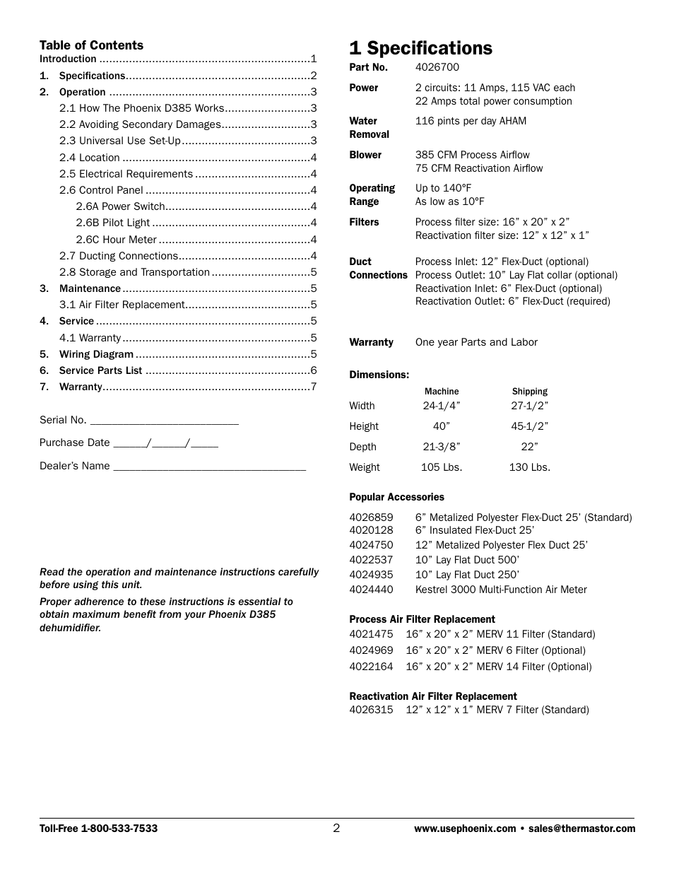 1 specifications | Therma-Stor Products Group PHOENIX D385 User Manual | Page 2 / 7