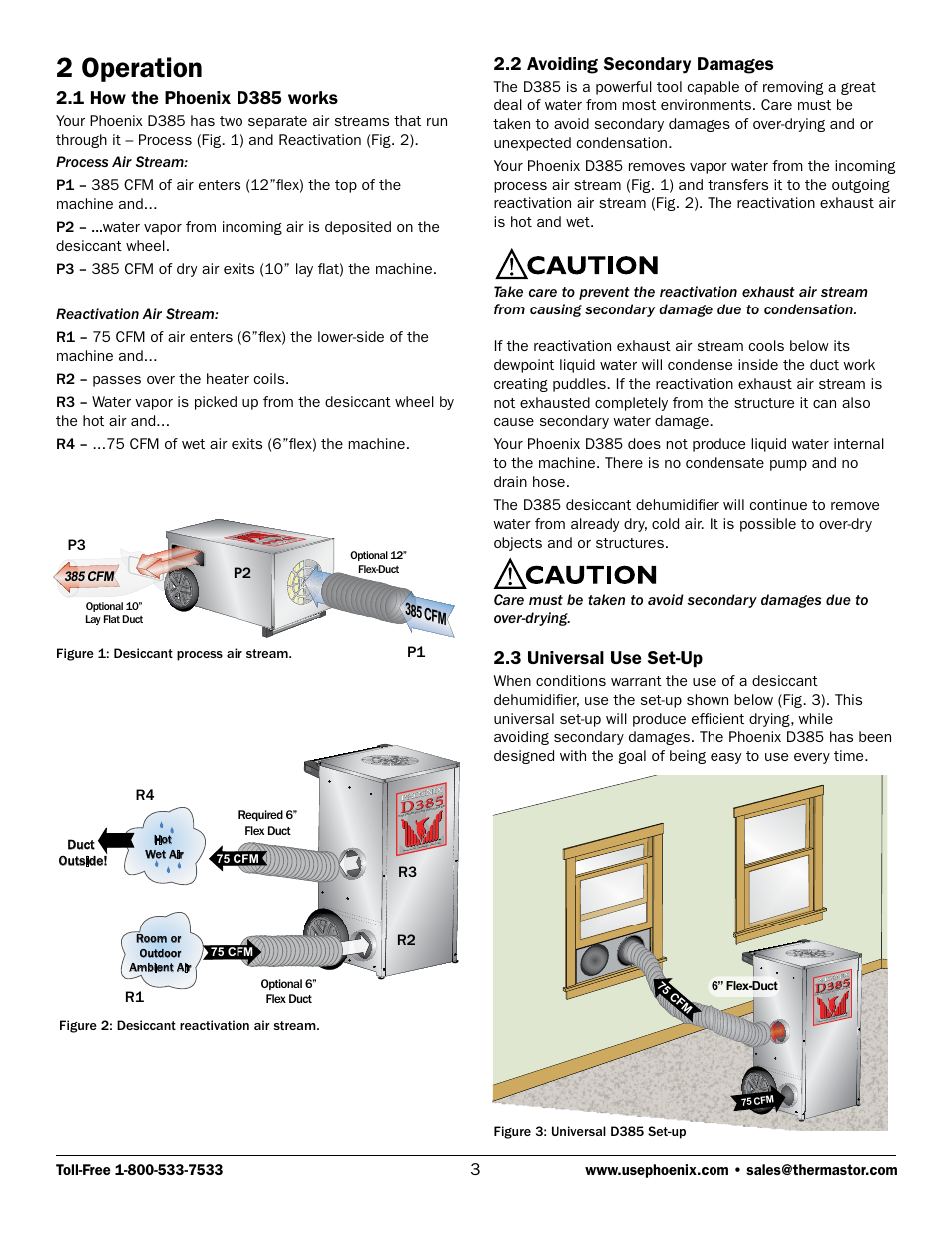 2 operation, 1 how the phoenix d385 works, 2 avoiding secondary damages | 3 universal use set-up, 385 cfm | Therma-Stor Products Group PHOENIX D385 User Manual | Page 3 / 7