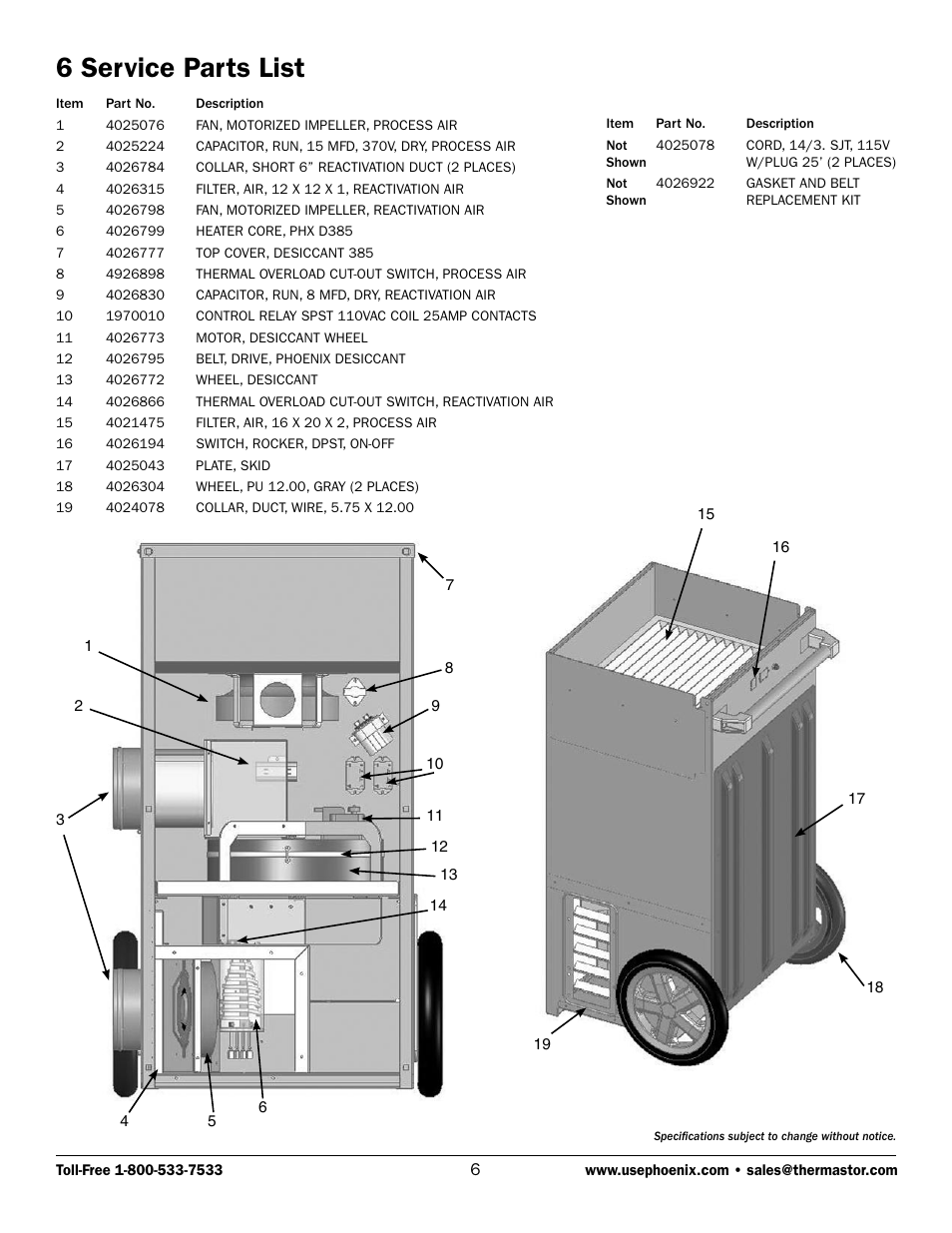 6 service parts list | Therma-Stor Products Group PHOENIX D385 User Manual | Page 6 / 7