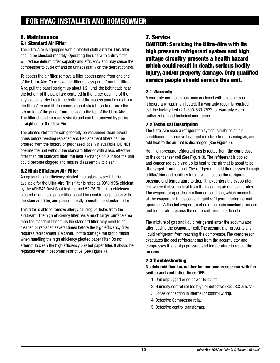 For hvac installer and homeowner | Therma-Stor Products Group Ultra-Aire 100V User Manual | Page 10 / 21