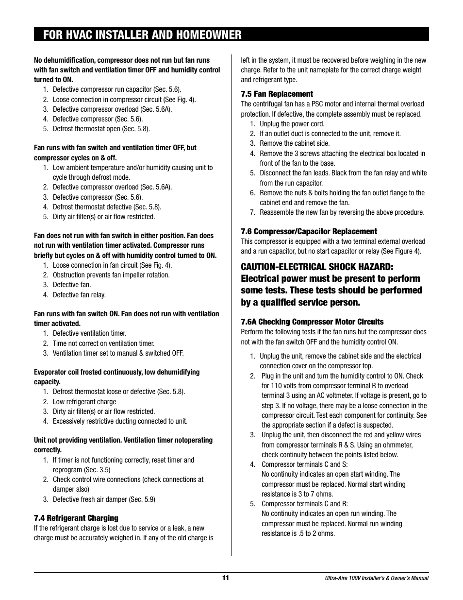 For hvac installer and homeowner | Therma-Stor Products Group Ultra-Aire 100V User Manual | Page 11 / 21