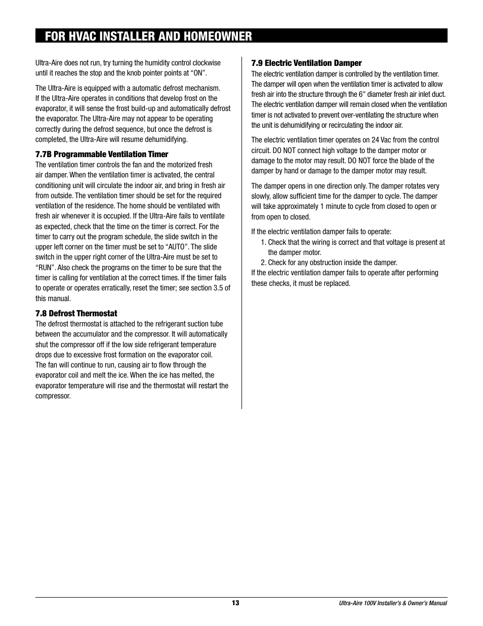 For hvac installer and homeowner | Therma-Stor Products Group Ultra-Aire 100V User Manual | Page 13 / 21