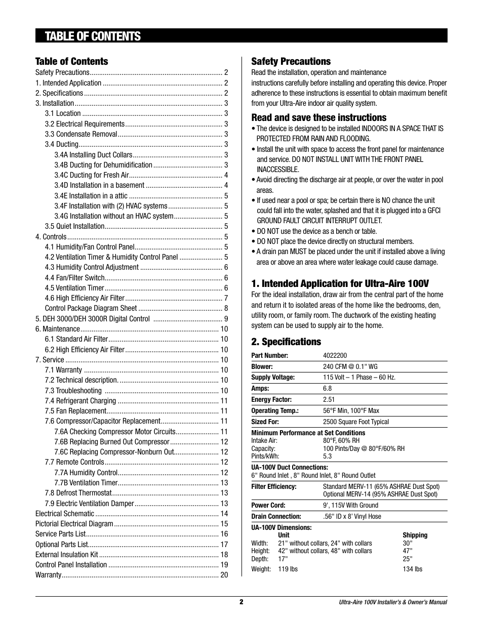 Therma-Stor Products Group Ultra-Aire 100V User Manual | Page 2 / 21