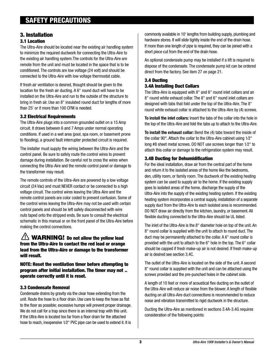 Safety precautions, Warning, Installation | Therma-Stor Products Group Ultra-Aire 100V User Manual | Page 3 / 21