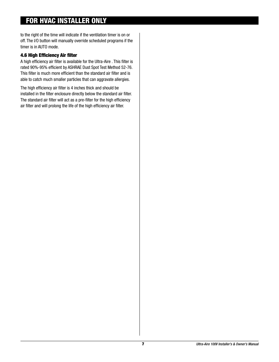 For hvac installer only | Therma-Stor Products Group Ultra-Aire 100V User Manual | Page 7 / 21