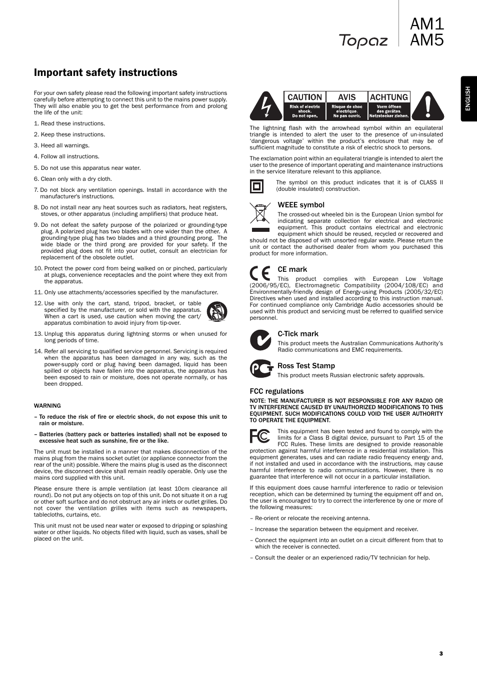 Am1 am5, Important safety instructions | Topaz Systems AM1 User Manual | Page 3 / 8