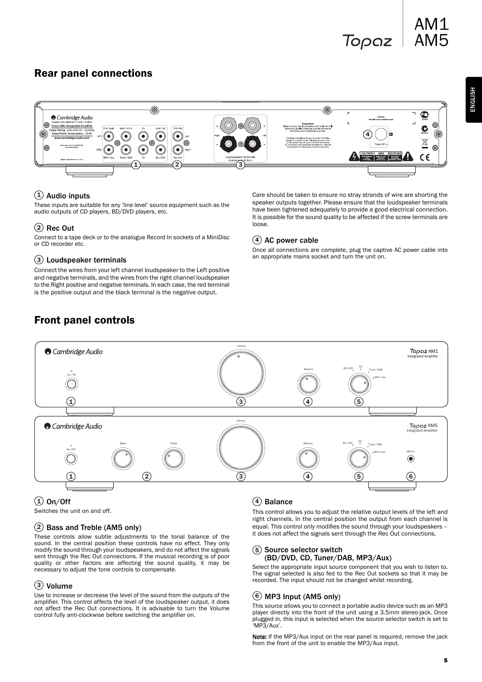 Am1 am5, Front panel controls, Rear panel connections | On/off, Bass and treble (am5 only), Volume, Balance, Mp3 input (am5 only), Ac power cable, Audio inputs | Topaz Systems AM1 User Manual | Page 5 / 8