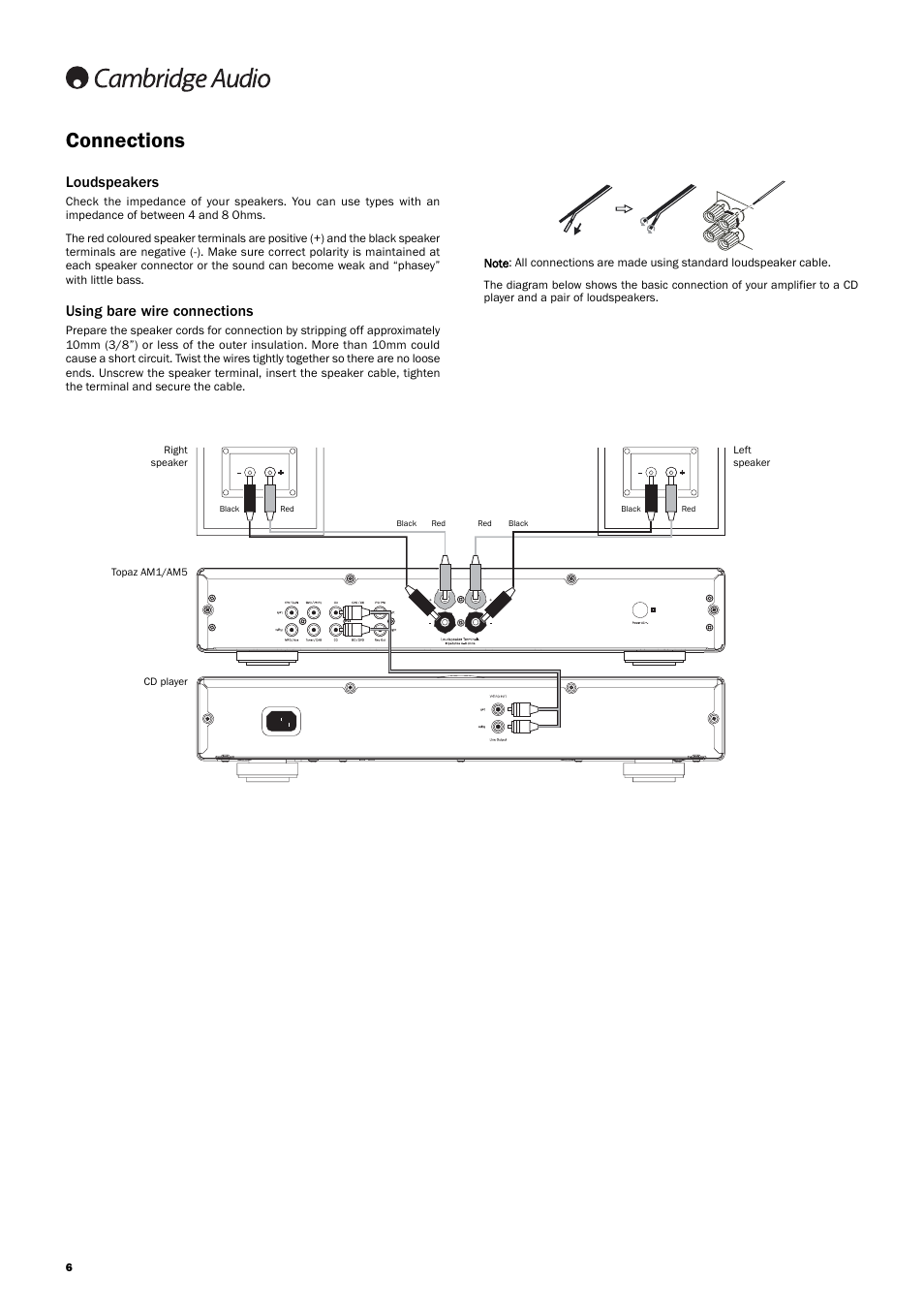 Connections, Loudspeakers, Using bare wire connections | Topaz Systems AM1 User Manual | Page 6 / 8