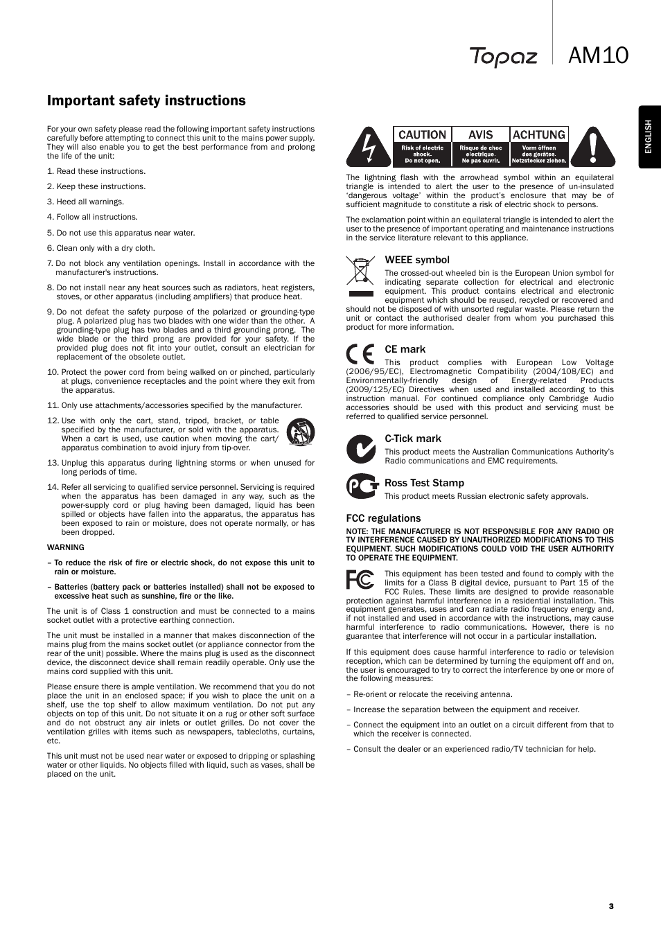 Am10, Important safety instructions | Topaz Systems AM10 User Manual | Page 3 / 10
