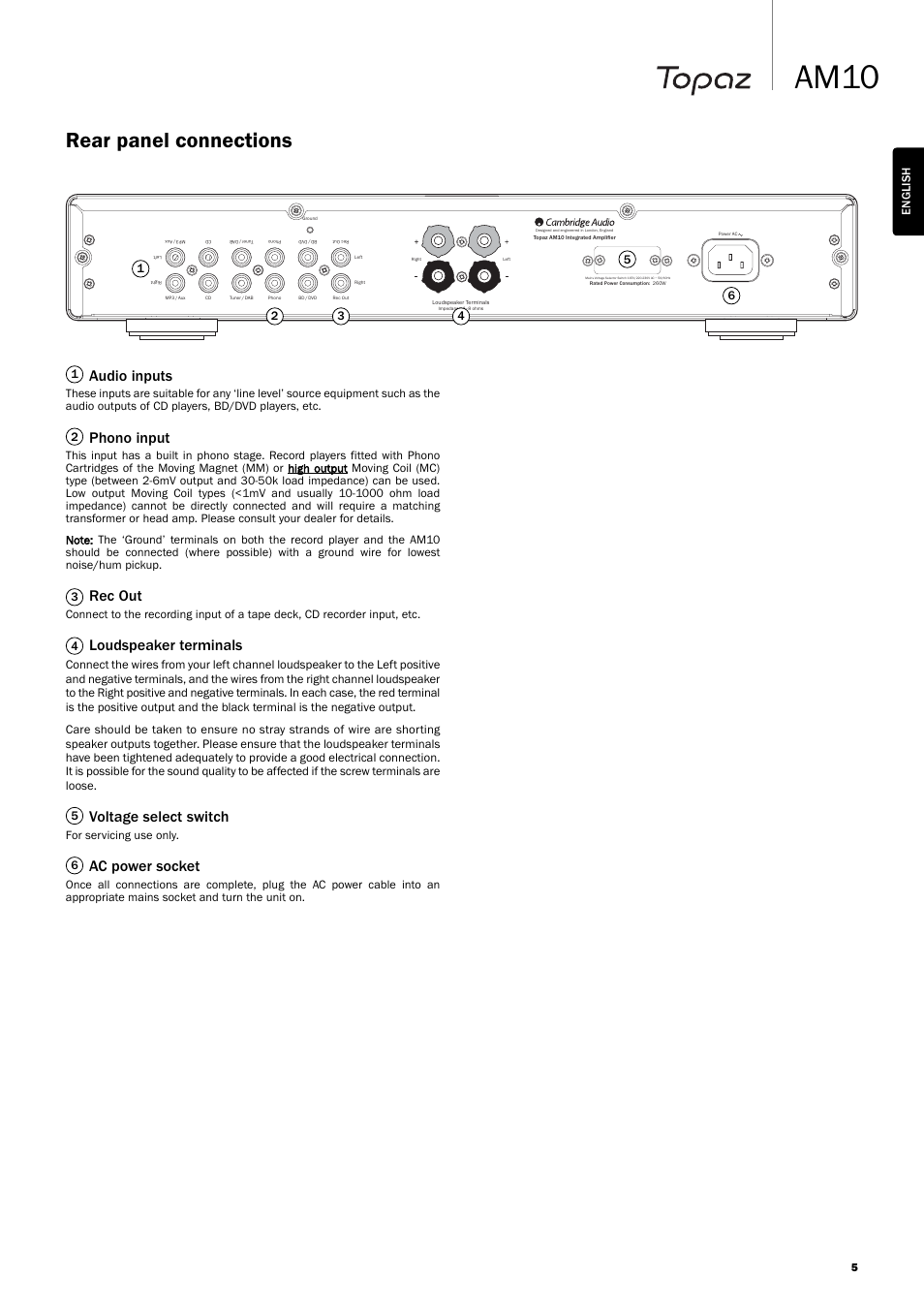 Am10, Rear panel connections, Audio inputs | Phono input, Rec out, Loudspeaker terminals, Voltage select switch, Ac power socket | Topaz Systems AM10 User Manual | Page 5 / 10