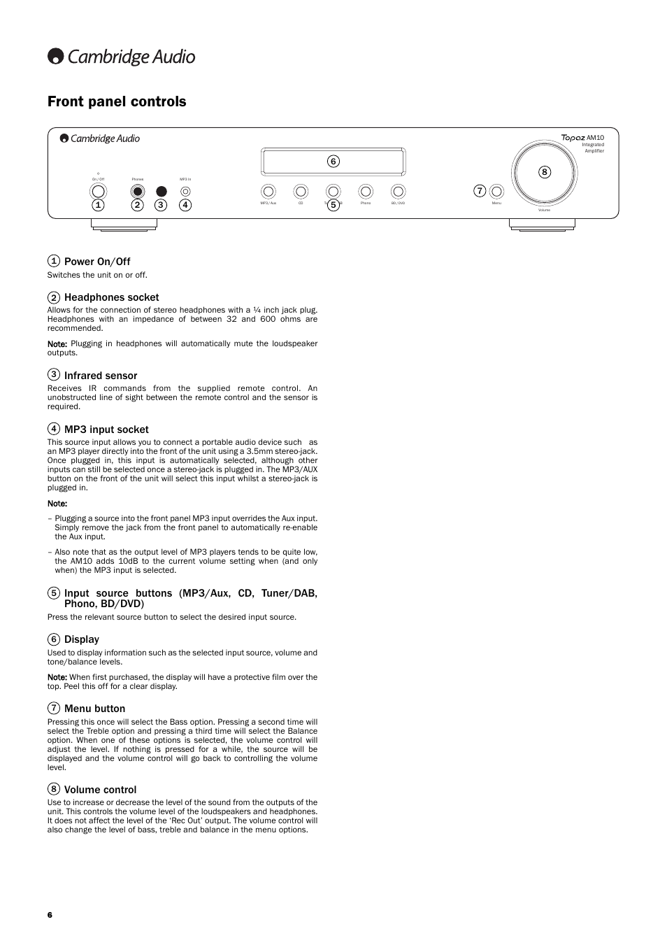 Front panel controls, Power on/off, Headphones socket | Infrared sensor, Mp3 input socket, Display, Menu button, Volume control | Topaz Systems AM10 User Manual | Page 6 / 10