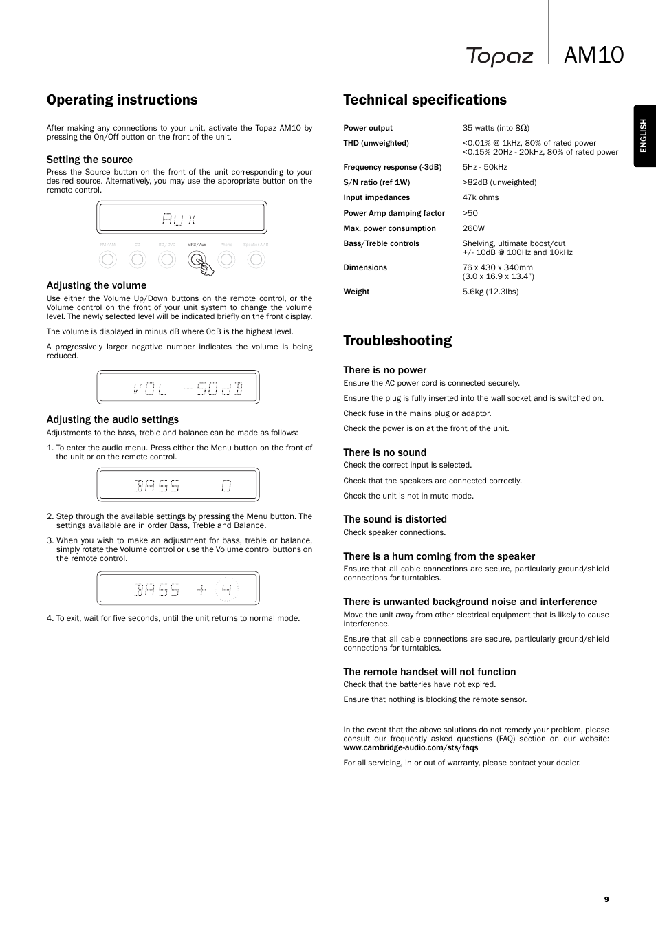 Am10, Technical specifications, Troubleshooting | Operating instructions, There is no power, There is no sound, The sound is distorted, There is a hum coming from the speaker, The remote handset will not function, Setting the source | Topaz Systems AM10 User Manual | Page 9 / 10