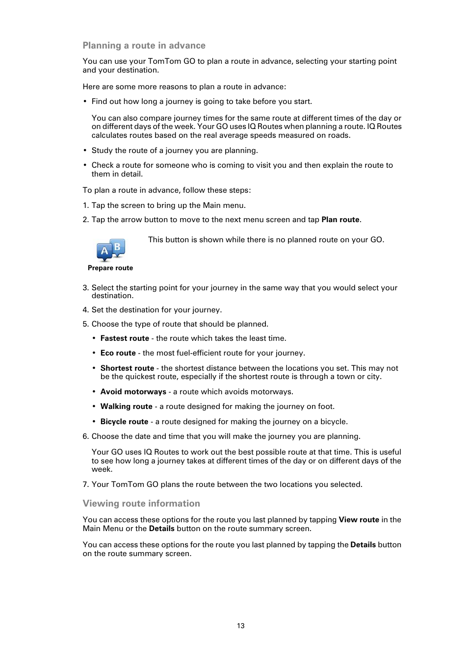 Planning a route in advance, Viewing route information | TomTom GO User Manual | Page 13 / 86