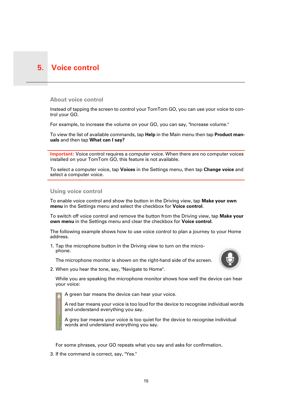 Voice control, About voice control, Using voice control | Voice control 5 | TomTom GO User Manual | Page 15 / 86
