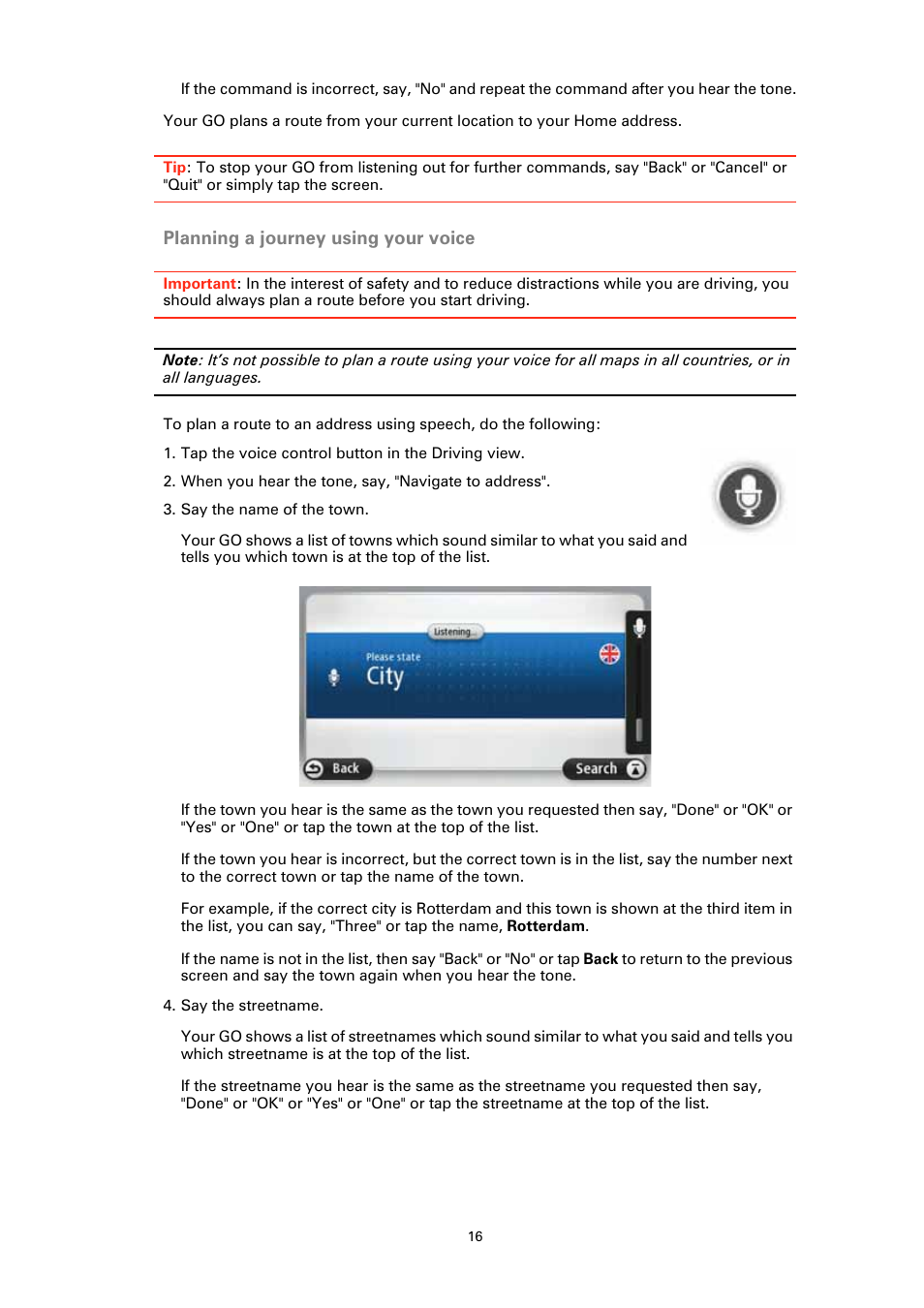 Planning a journey using your voice | TomTom GO User Manual | Page 16 / 86
