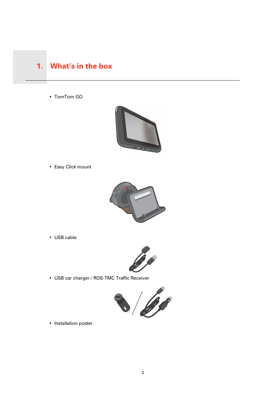 What’s in the box, What’s in the box 1 | TomTom GO User Manual | Page 2 / 86