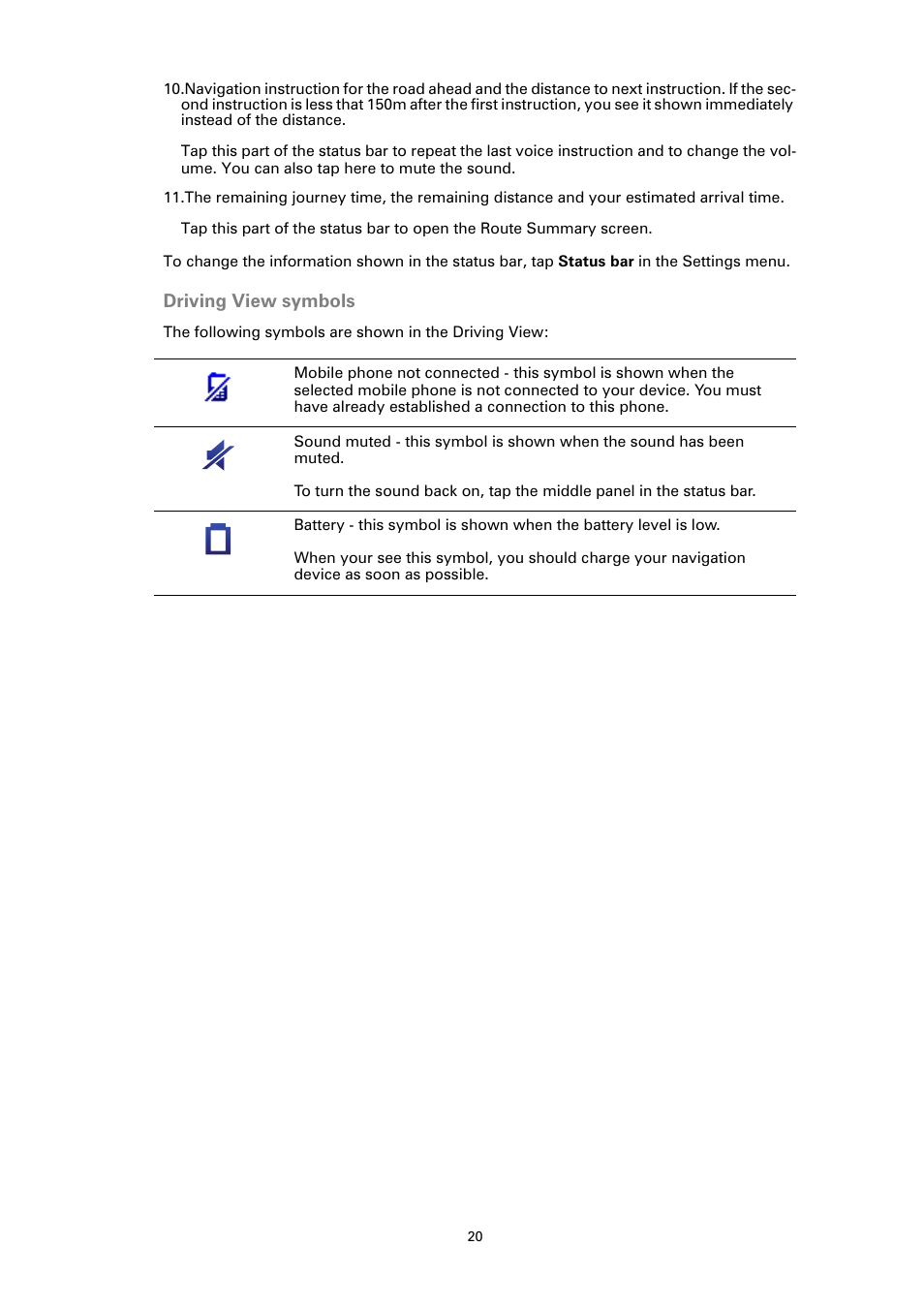 Driving view symbols | TomTom GO User Manual | Page 20 / 86