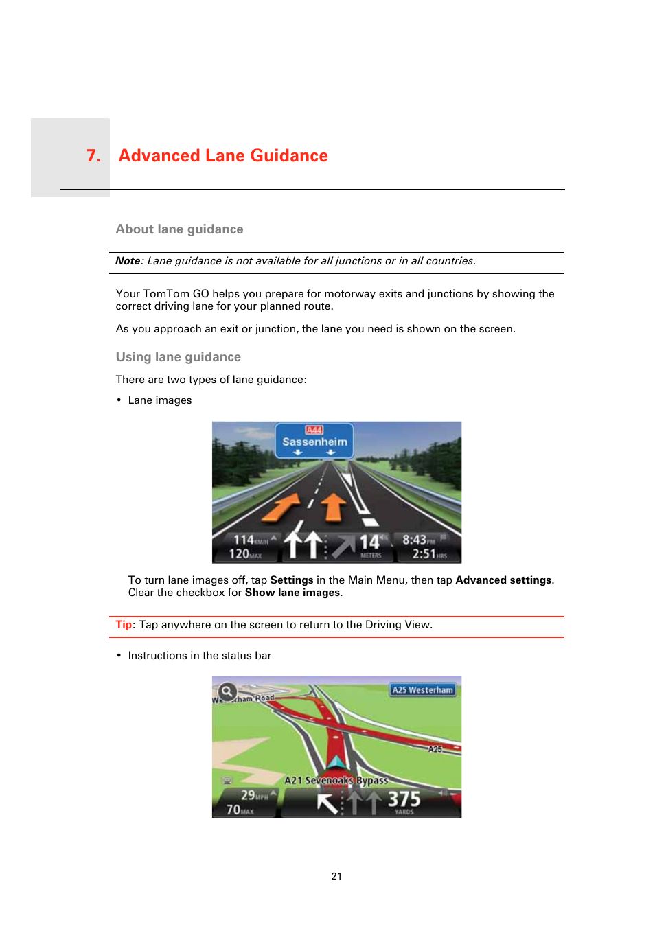 Advanc ed lane guidance, About lane guidance, Using lane guidance | Advanced lane guidance 7 | TomTom GO User Manual | Page 21 / 86