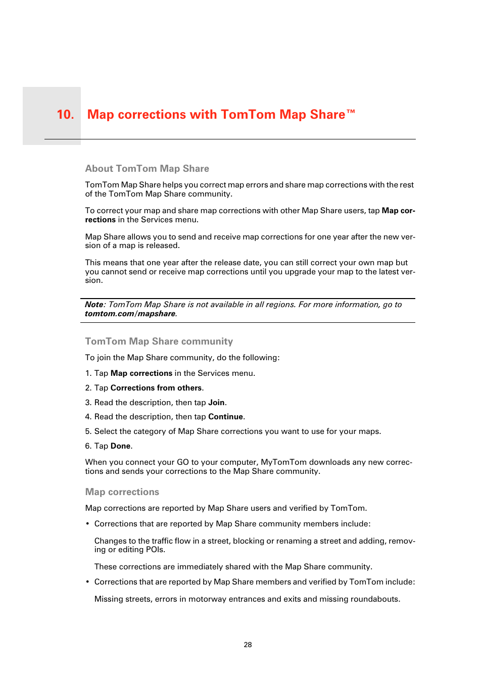 Map corrections with tomto m map share, About tomtom map share, Tomtom map share community | Map corrections, Map corrections with tomtom map share™ 10 | TomTom GO User Manual | Page 28 / 86