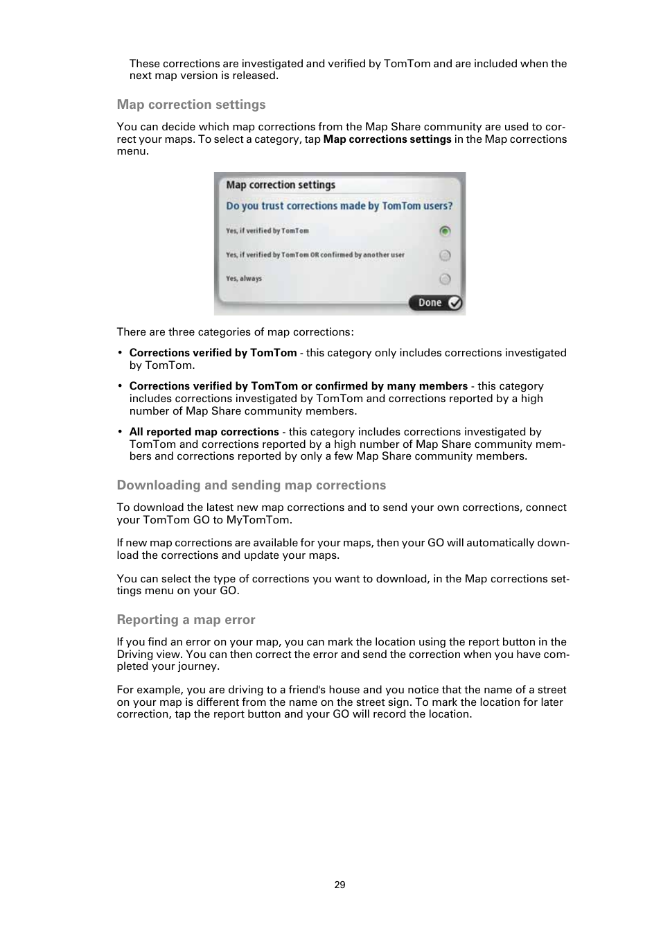 Map correction settings, Downloading and sending map corrections, Reporting a map error | TomTom GO User Manual | Page 29 / 86