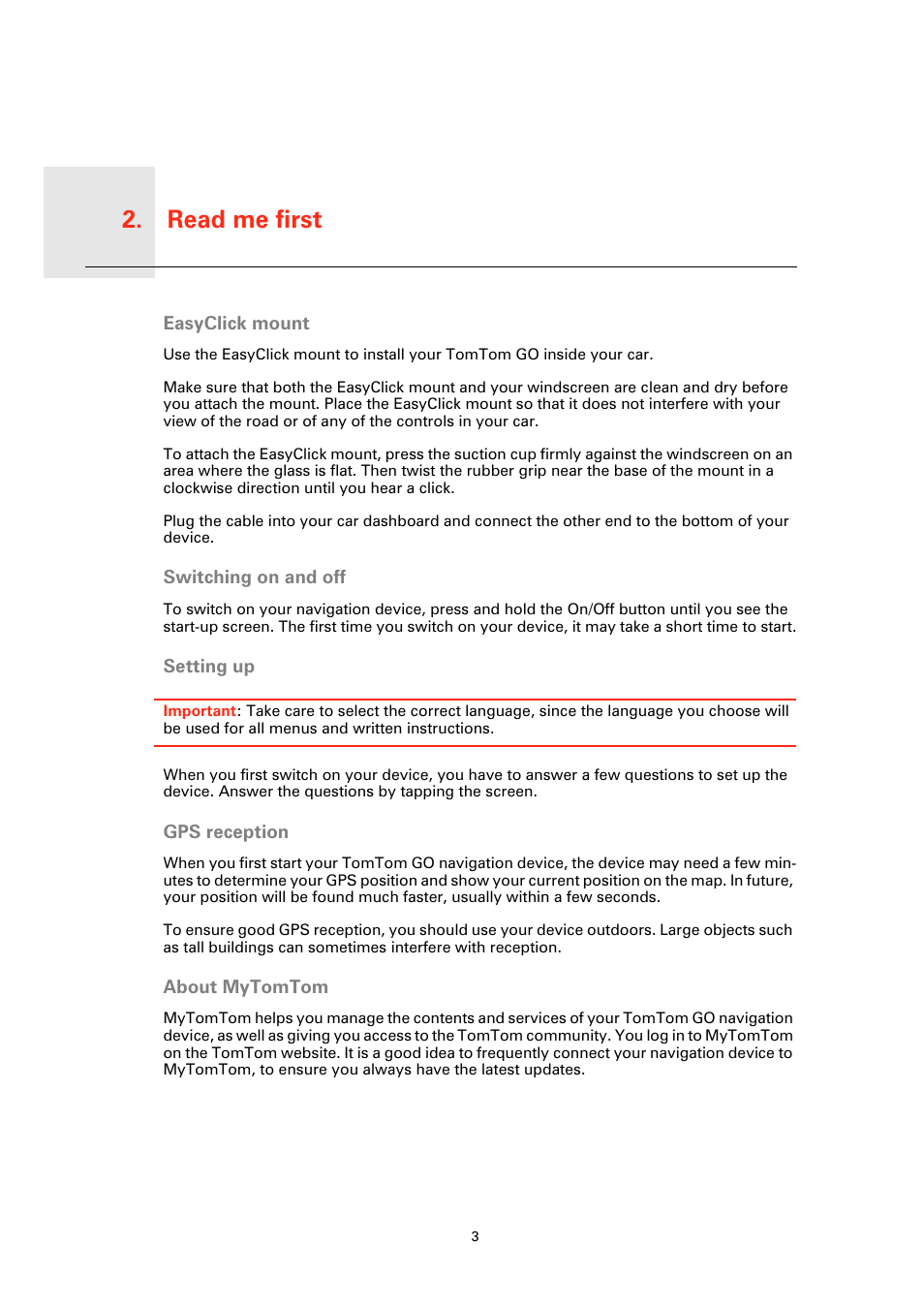 Read me first, Easyclick mount, Switching on and off | Setting up, Gps reception, About mytomtom, Read me first 2 | TomTom GO User Manual | Page 3 / 86