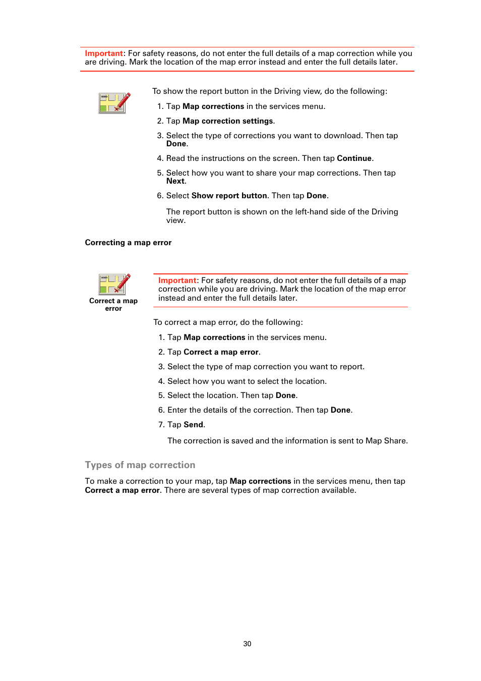 Correcting a map error, Types of map correction | TomTom GO User Manual | Page 30 / 86