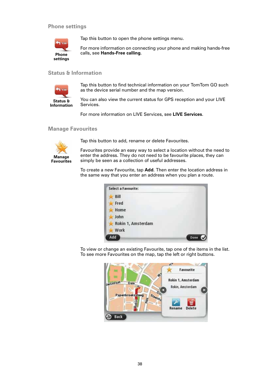 Phone settings, Status & information, Manage favourites | TomTom GO User Manual | Page 38 / 86