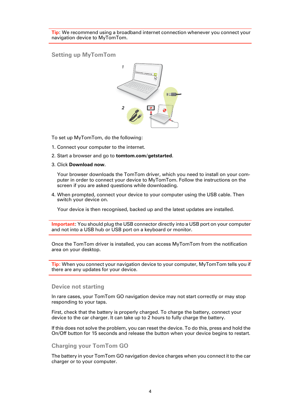 Setting up mytomtom, Device not starting, Charging your tomtom go | TomTom GO User Manual | Page 4 / 86