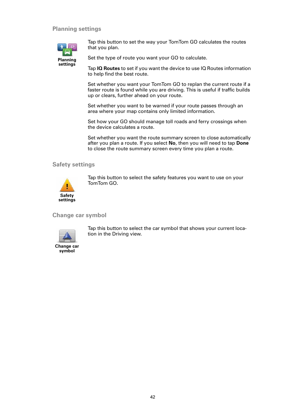 Planning settings, Safety settings, Change car symbol | TomTom GO User Manual | Page 42 / 86