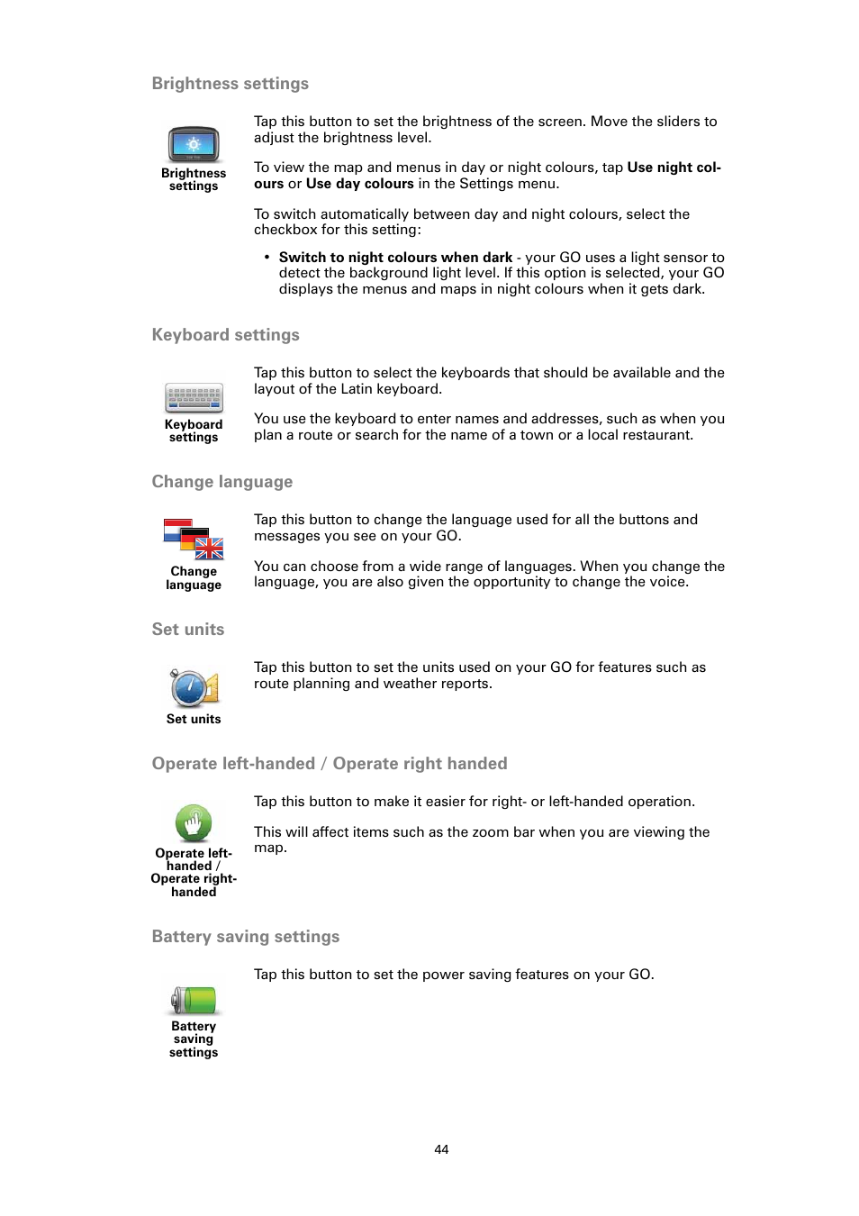 Brightness settings, Keyboard settings, Change language | Set units, Operate left-handed / operate right handed, Battery saving settings | TomTom GO User Manual | Page 44 / 86