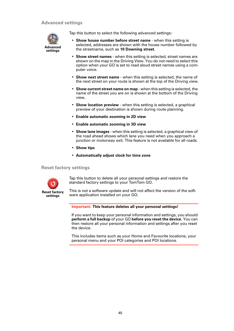 Advanced settings, Reset factory settings, Advanced settings reset factory settings | TomTom GO User Manual | Page 45 / 86