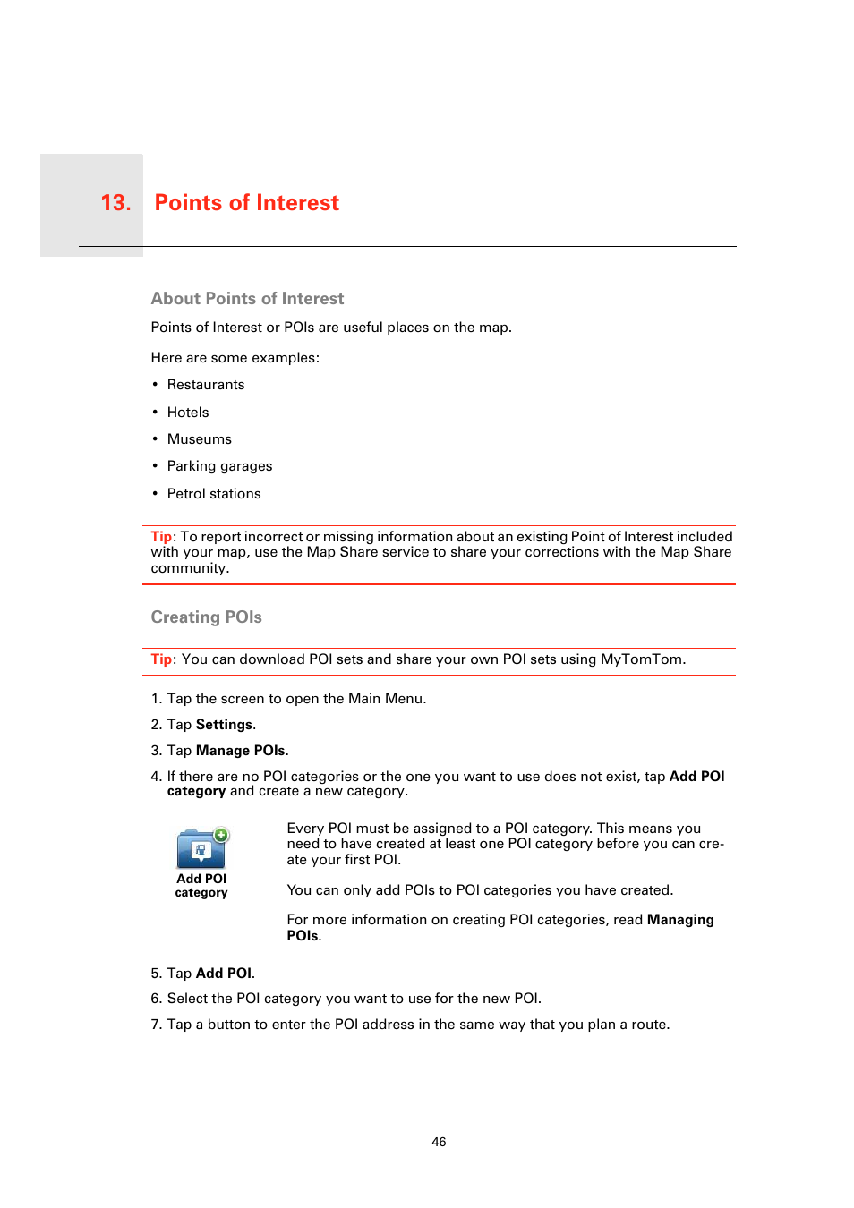 Points of interest, About points of interest, Creating pois | Points of interest 13 | TomTom GO User Manual | Page 46 / 86