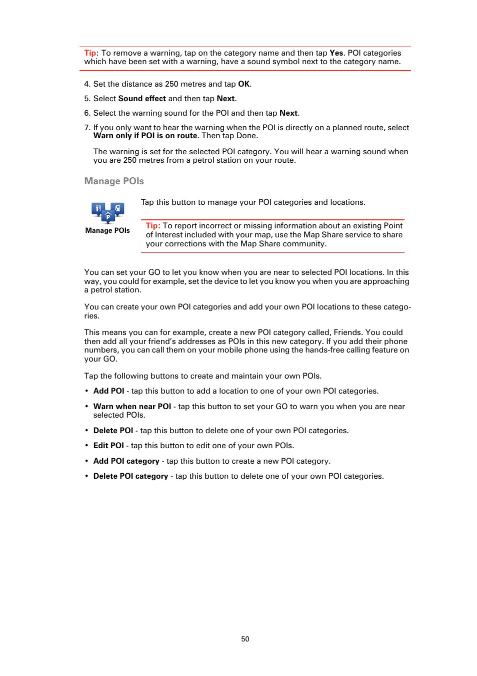 Manage pois | TomTom GO User Manual | Page 50 / 86