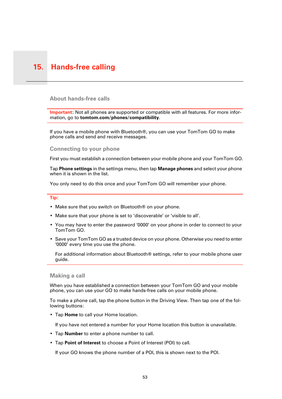 Hands- free calling, About hands-free calls, Connecting to your phone | Making a call, Hands-free calling 15 | TomTom GO User Manual | Page 53 / 86