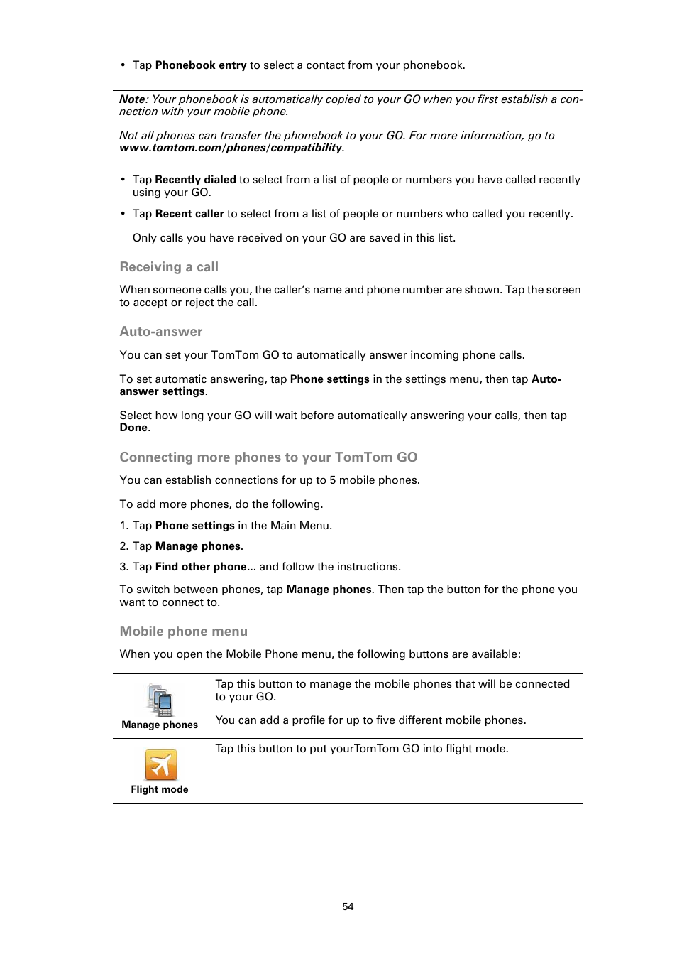 Receiving a call, Auto-answer, Connecting more phones to your tomtom go | Mobile phone menu | TomTom GO User Manual | Page 54 / 86