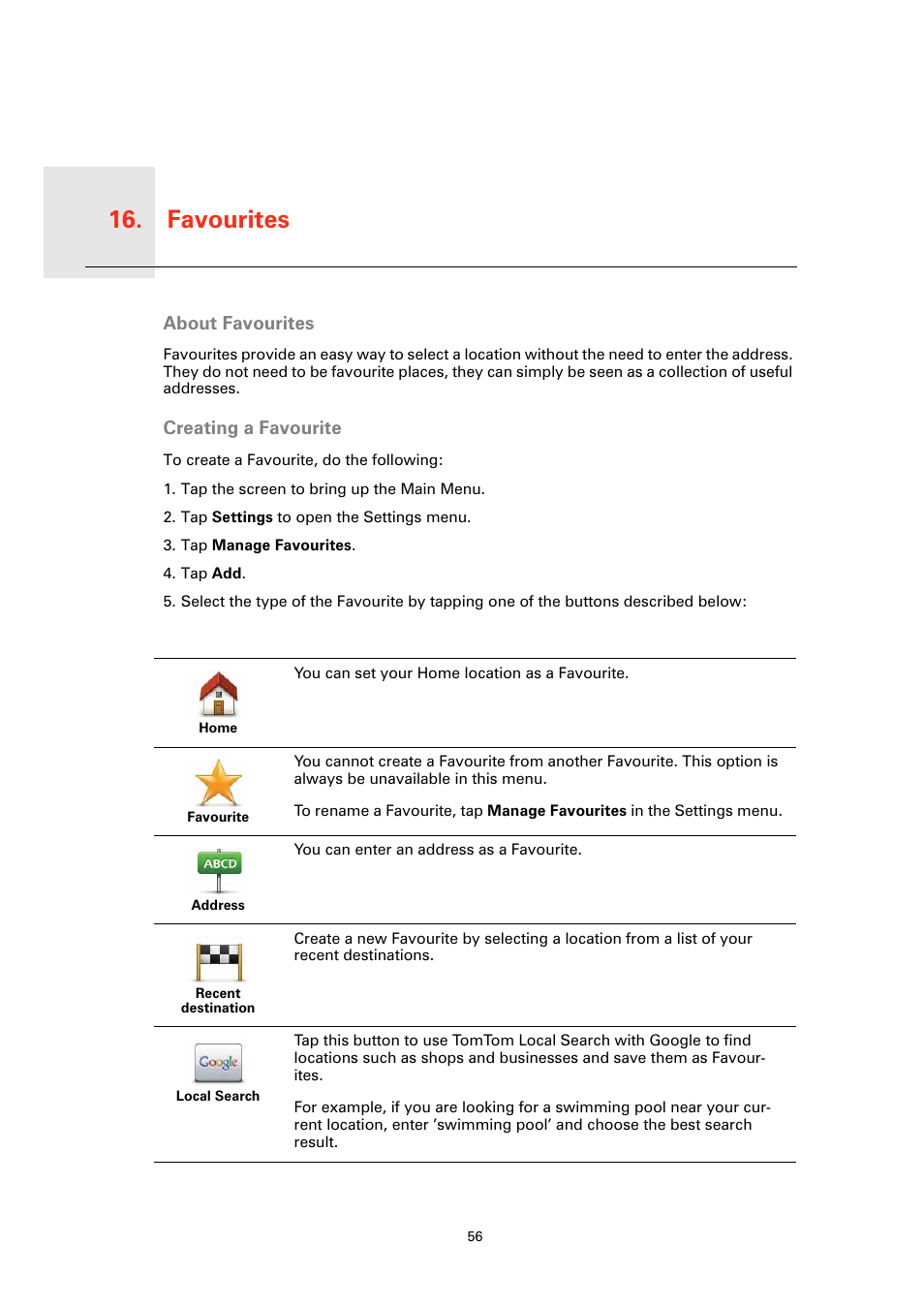 Favourites, About favourites, Creating a favourite | Favourites 16 | TomTom GO User Manual | Page 56 / 86