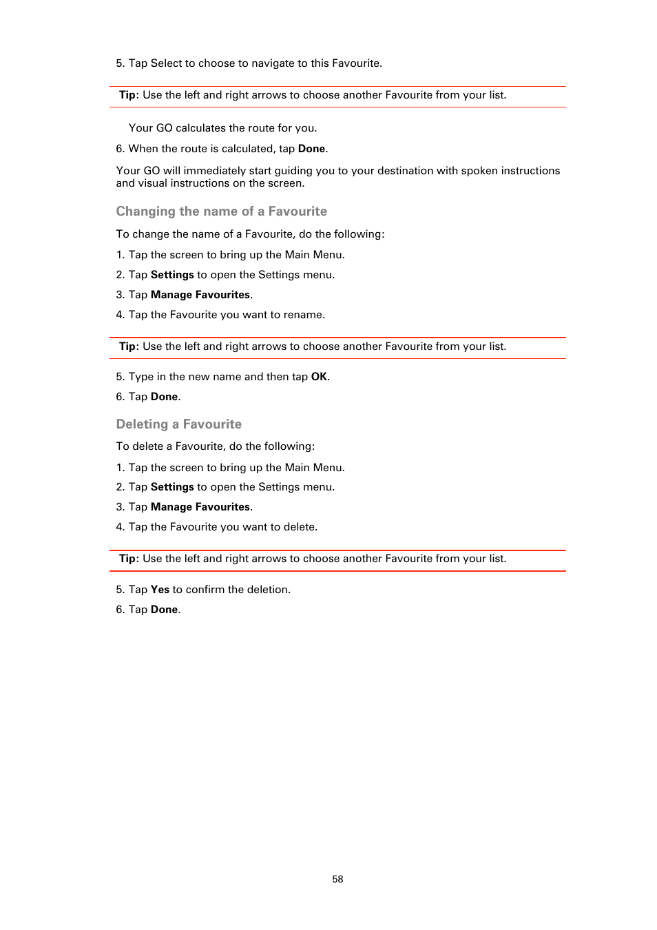 Changing the name of a favourite, Deleting a favourite | TomTom GO User Manual | Page 58 / 86