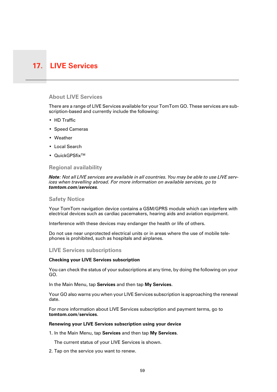 Live services, About live services, Regional availability | Safety notice, Live services subscriptions, Checking your live services subscription, Live services 17 | TomTom GO User Manual | Page 59 / 86