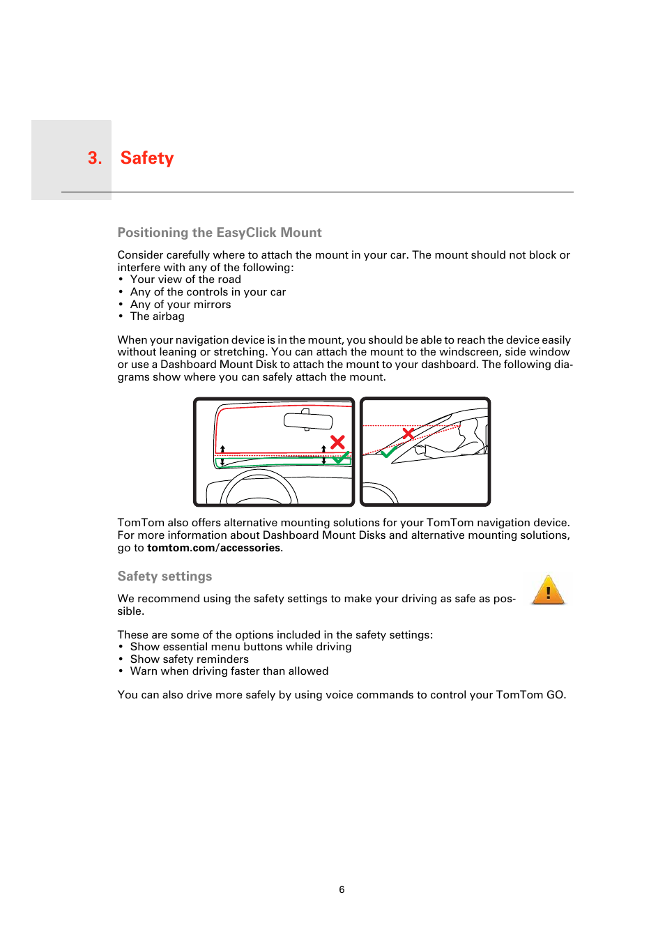 Safety, Positioning the easyclick mount, Safety settings | Safety 3 | TomTom GO User Manual | Page 6 / 86