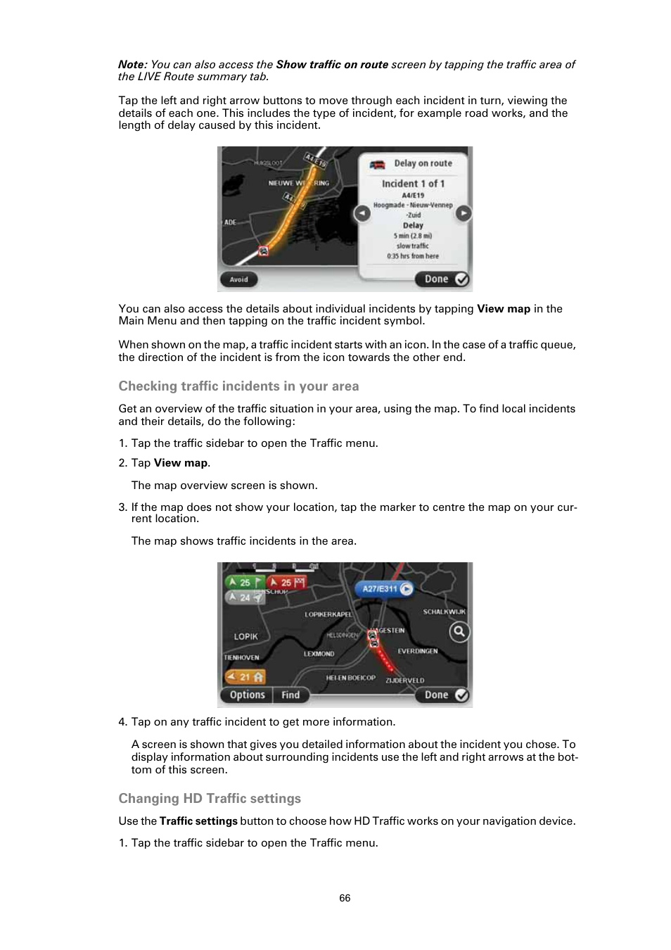 Checking traffic incidents in your area, Changing hd traffic settings | TomTom GO User Manual | Page 66 / 86